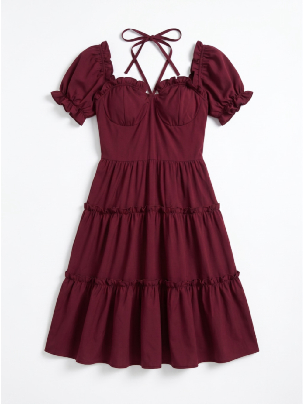 Red Dress Women XL Bustier Puff Short Sleeves Ruffles Halter Sundress Wedding